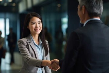 a young asian american female accepting a job offer, shaking hands with the company owner - Generative AI - obrazy, fototapety, plakaty