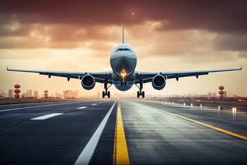 airport taking Airplane aeroplane aerodrome transportation travel air plane transport flight sky tour tourism runway fly jet departure vacation holiday trip take-off commercial business technology - obrazy, fototapety, plakaty