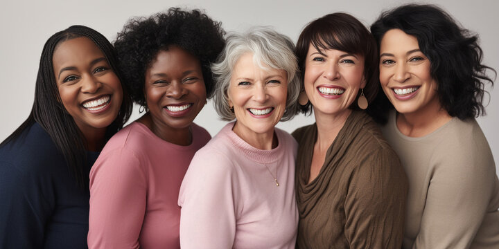 A picture of five different middle aged woman of different races. Everyone's smiling, some showing teeth. - Generative AI