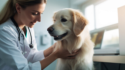 A veterinarian is examining a dog in the examination room of an animal hospital with a gentle gaze - Generative AI