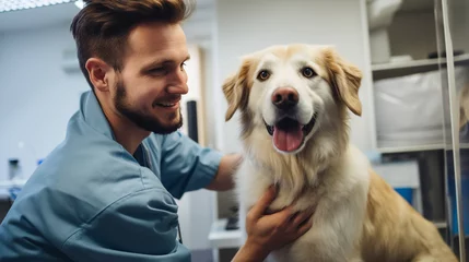 Fotobehang A veterinarian is examining a dog in the examination room of an animal hospital with a gentle gaze - Generative AI © seogi