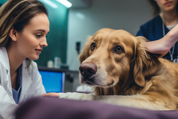 A veterinarian is examining a dog in the examination room of an animal hospital with a gentle gaze - Generative AI - obrazy, fototapety, plakaty