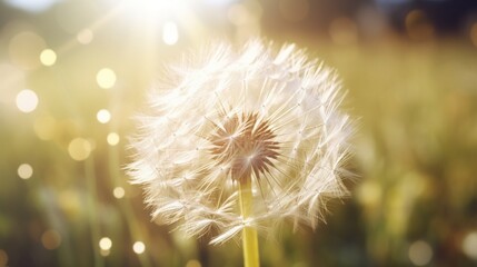 A Diamond Dust Dandelion seedhead at the peak of its bloom, sparkling with dewdrops under the morning sun.