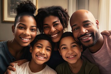 home together selfie taking family american african portrait black woman mother father girl daughter love boy man happy children son smartphone person house technology people afro childhood - obrazy, fototapety, plakaty