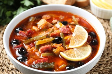 Meat solyanka soup with sausages, olives and vegetables on wicker mat, closeup