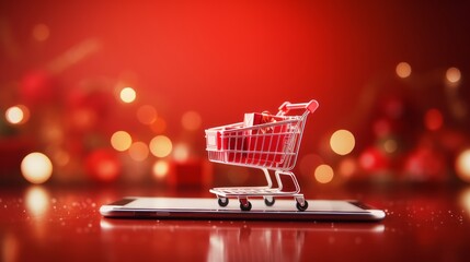 Christmas gifts in the shopping cart with smartphone for shopping online on red background, Christmas festival