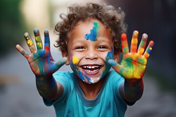hands painted boy happy beautiful  african laughter art artist artistic artwork black blue boy smiling cheerful children childhood closeup colours colourful colouring concept creative - obrazy, fototapety, plakaty