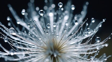 A Diamond Dust Dandelion seedhead frozen in the middle of a water droplet, captured in extreme close-up to reveal its enchanting beauty.