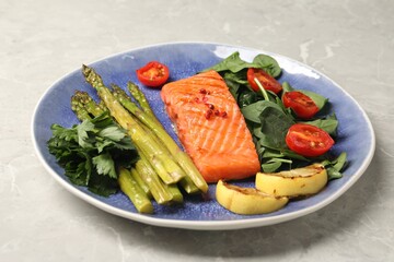 Tasty grilled salmon with tomatoes, asparagus, lemon and basil on grey table, closeup