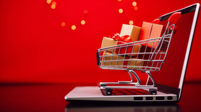 Christmas gifts in the shopping cart with laptop for shopping online on red background, Christmas festival
