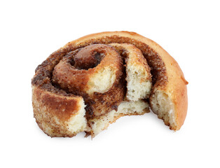 Tasty bitten cinnamon roll isolated on white
