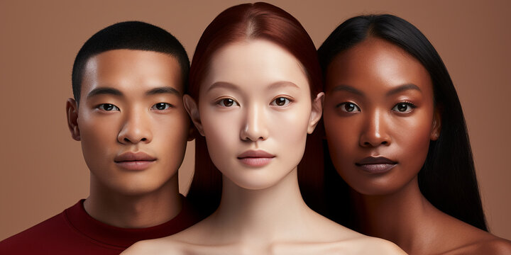 Images featuring Asian and african american. All three are side by side. they are all smiling and happy - Generative AI
