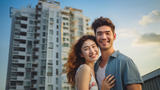 An couple against the backdrop of an apartment skyline, portraying a happy life with a home and family, filled with vibrant expressions - Generative AI