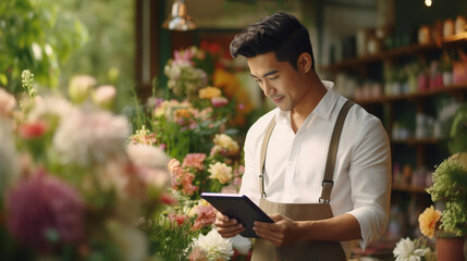 Asian male florist, owner of small business flower shop, using digital tablet while working on laptop against flowers and plants - Generative AI - obrazy, fototapety, plakaty