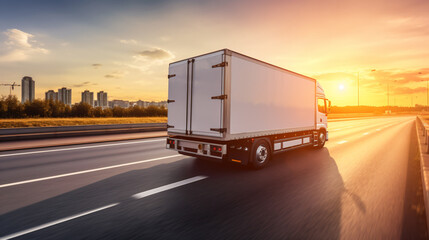 back of fast moving cargo truck on a highway - Generative AI