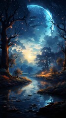 Wallpaper of A Beautiful Night Scene with Crescent Moon and Luminous Stars, Generative AI