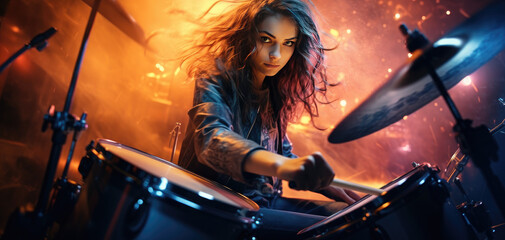 Fototapeta na wymiar a women playing drums at a gig with blurring lights