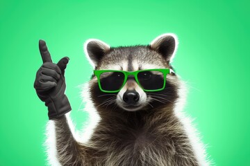 background white isolated gesture rock showing sunglasses green raccoon funny animal pet paw accessory beautiful camera cheerful closeup comical concept cute