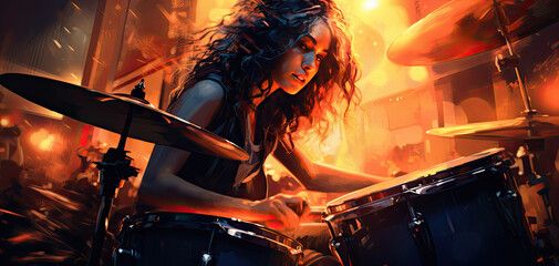 a women playing drums at a gig with blurring lights - obrazy, fototapety, plakaty