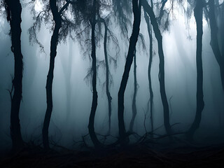 Dark mysterious forest for scary dark background. Generative ai - obrazy, fototapety, plakaty
