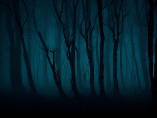 Dark mysterious forest for scary dark background. Generative ai - obrazy, fototapety, plakaty