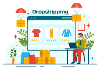 Obraz premium Dropshipping Business Vector Illustration with Businessman Open E-commerce Website Store and Let Supplier Ship Product in Flat Cartoon Background