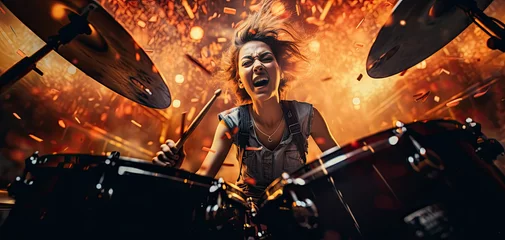 Fotobehang a women playing drums at a gig with blurring lights © Kien