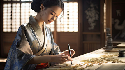 Beautiful Japanese girl sitting writing calligraphy or painting - obrazy, fototapety, plakaty