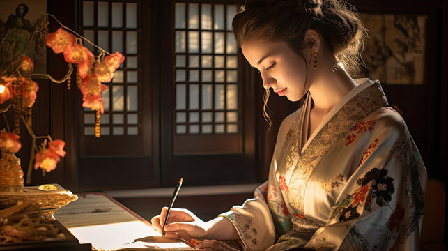 Beautiful Japanese girl sitting writing calligraphy or painting