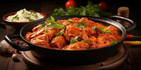 Fototapeta premium spicy kerala red chicken curry. chicken vindaloo. Butter chicken curry roast hot and spicy gravy dish, generative AI