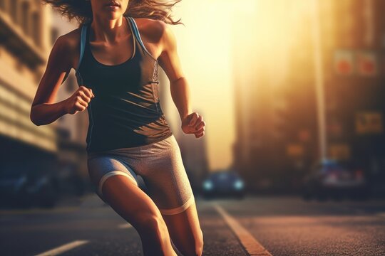 Horizontal background blurry sunset Bright clothes tight Sport street city pose start running woman Athlete fitness girl town physical exercise action active athletic body break evening female fit h