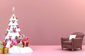 White Christmas tree with gifts, semi-dark brown leather sofa, and peach pink wall. Monochromatic living room with copy space. Winter holidays. 3d render.