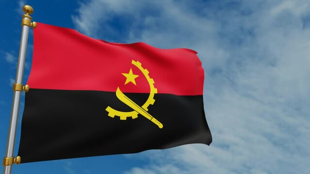 Angolan flag fluttering in the wind on a background of white clouds, symbol of the country of Angola. 3d rendering