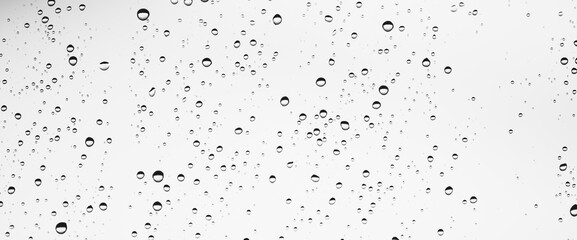Minimal grayscale backdrop with rain droplets on white glass. Light wet window with rainy drops closeup in black-white. Blurry minimalist monochrome background of window glass with raindrops close up.