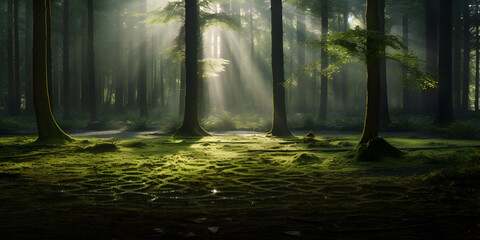 Tranquil Forest with Golden Sunlight,,
Serene Nature in Green Woods