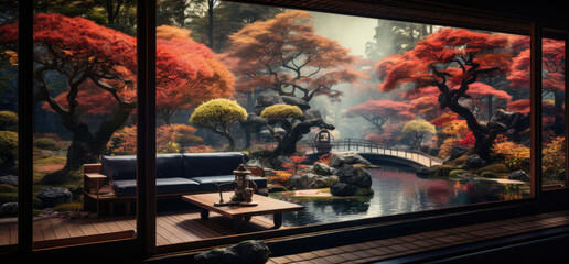 Japanese autumn scene seen from the living room