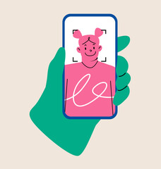 Facial recognition. Face ID. Human hand holding smartphone. Colorful vector illustration