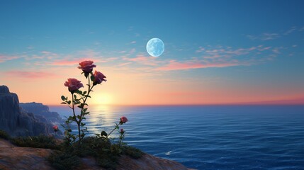 A Blue Moon Rose standing tall on the edge of a cliff overlooking a vast, blue ocean at sunrise.