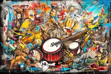 wall style urban graffiti music cool background art dance colourful architecture colours abstract ethnic instrument asia india painting detail symbol culture - obrazy, fototapety, plakaty