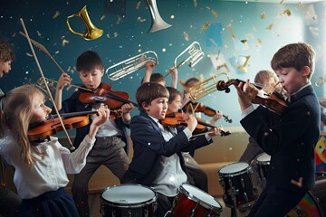 Together Orchestra School Playing Students Group band music children lesson learning pupil education girl boy student practicing class classroom musician musical instrument tambourine - obrazy, fototapety, plakaty