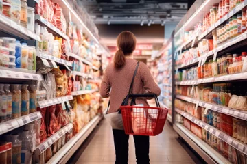 Foto op Plexiglas shopping food eat ready supermarkets products choosing women basket buy buyer buying carrying choice consumerism client discount examining female deep freezer good grocery hand healthy © sandra