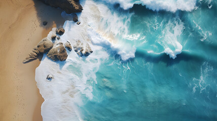 An exhilarating high-speed shutter capture of the edge of a remote beach destination from a bird's-eye view, focusing on the intricate patterns of the coastline, crashing waves, and sandy shores.
