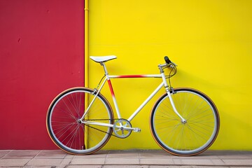 Fototapeta na wymiar wall red yellow gear fixed bicycle City bike white wheel urban ecology concept transportation frame sport cycle cycling green pedal isolated fashion object rolling bicyclist street