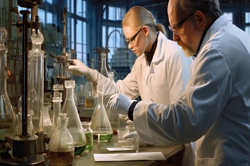 laboratory working scientists beaker biological biology biotechnology care chemical chemist coat make well discover discovery doctor experiment experimental expertise faculty gene health - obrazy, fototapety, plakaty