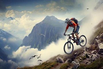 Foto op Canvas mountains Cyclist bicyclist panorama bike mountain sport bicycle cycle extreme stone epic man rock top road fog adventure rider view eagle succeed helmet summer explore landscaped equipment wheel ef © akkash jpg