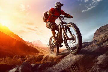man bike moutain   bicycle bike bicyclist downhill fit lifestyle ride sport sun sunrise sunset action active activity adult adventure athlete cycle cycling equipment exercise extreme fitness - obrazy, fototapety, plakaty