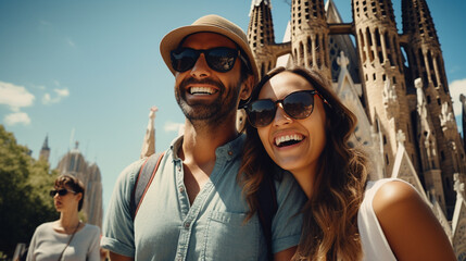 Male and female travelers sitting on wall in public park near Sagrada Familia in Barcelona and taking selfie on sunny summer day - Generative AI - obrazy, fototapety, plakaty