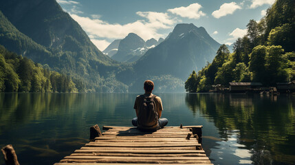 The back view of a man sitting on a wooden dock, enjoying the view of a serene blue lake. - Generative AI