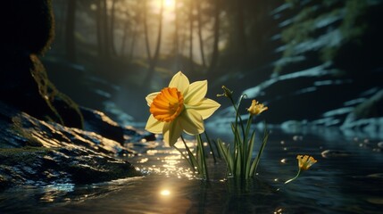 A Dreamshade Daffodil, surreal and captivating, growing on the banks of a phosphorescent river in...