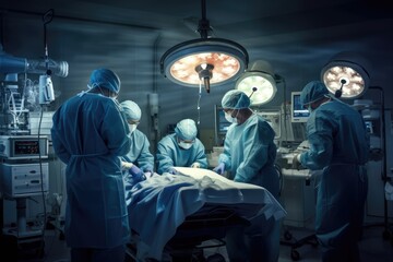 room operating modern operation surgical performing team medical blue health care lamp nurse worked patient remedy save surgeon surgery anaesthesia cardiogram career confident disease - obrazy, fototapety, plakaty